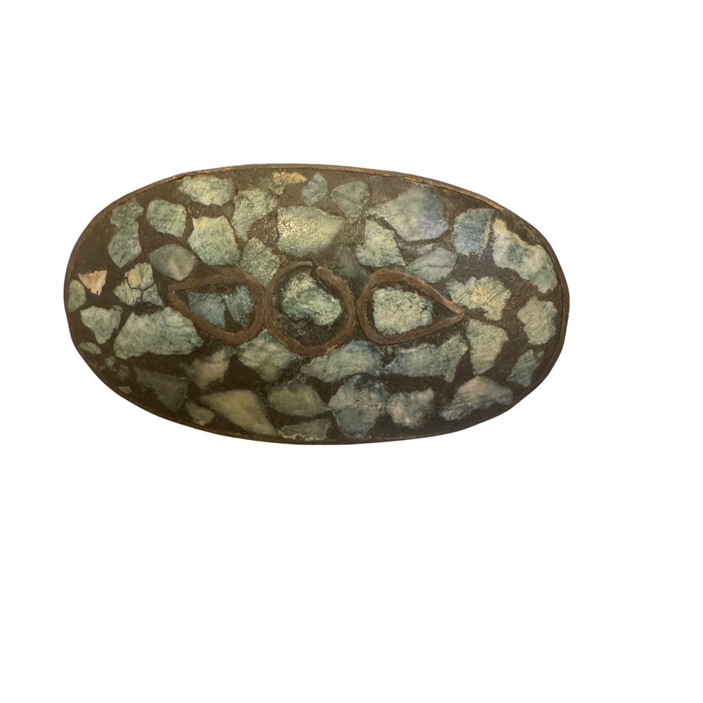 Oval Brooch India inlaid mosaic‎ turquoise brass Vintage